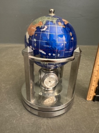 Gem Inlaid Globe with Clock, Barometer, Thermometer & Hydrometer