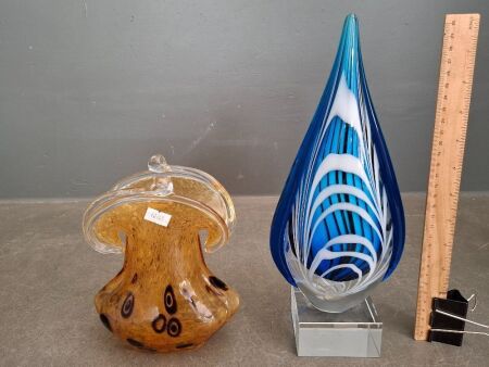 Hand Blown Art Glass Swirl Wave Tear Drop Sculpture & Murano Style Art Glass Vase
