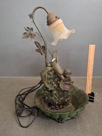 Vintage Decorative Fountain Lamp Resin Featuring Dolphins & Cherubs Circa 1970