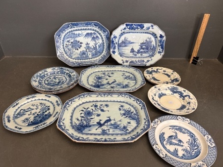 4 Asian Style Antique Serving Platters with mixed assortment of Asian style plates