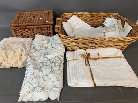 Large Wicker Basket of Linen Talecloths Etc + Basket of Doileys