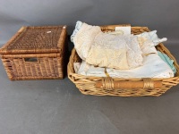 Large Wicker Basket of Linen Talecloths Etc + Basket of Doileys - 3