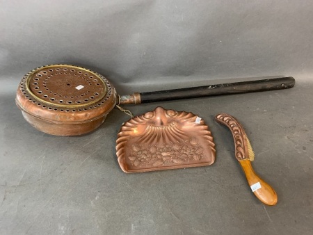 Vintage Copper Crumb Tray & Brush + Vintage Chestnut Warming Pan