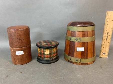 Vintage Mixed Timber Copper Bound Tobacco Jar, Leather Cased Travelling Perfume Set + Tartan Treen Pot