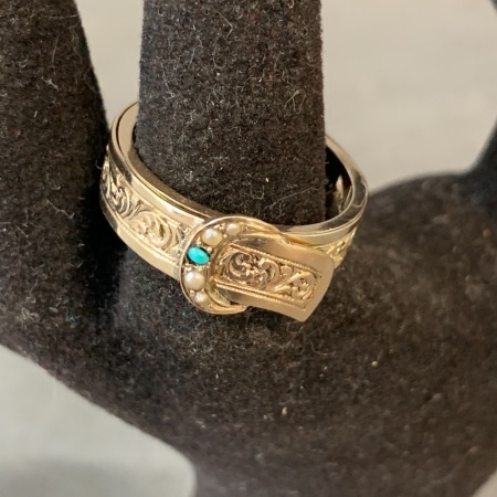 Antique 9ct Gold Braided Hair Sentiment Buckle Ring with Turquoise & Seed Pearls c1880