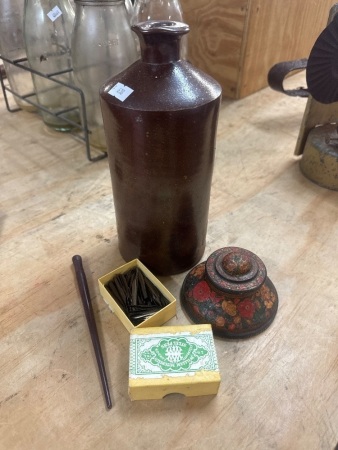 Hand Painted Wooden Ink well with Nibs with earthenware ink well