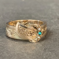 Antique 9ct Gold Braided Hair Sentiment Buckle Ring with Turquoise & Seed Pearls c1880 - 4