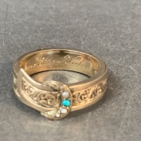 Antique 9ct Gold Braided Hair Sentiment Buckle Ring with Turquoise & Seed Pearls c1880 - 7