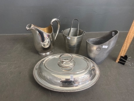 Silver Plated Serving Dish, Silver Plated Water Jug, Pewter Ice Pail, Tongs & Metal Vase
