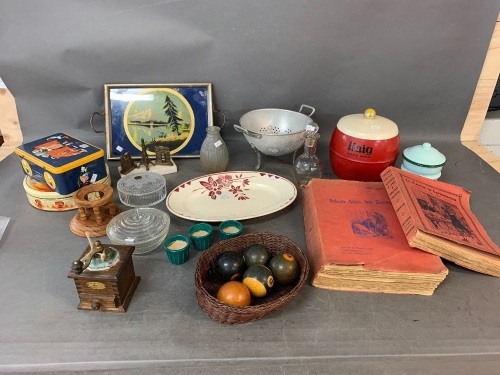 Box Lot of Bric-a-Brac inc. Barware, Kitchenalia, Books Etc