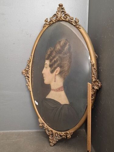 Victorian Portrait of a Lady in metal Frame Convex Glass Pastel on Board