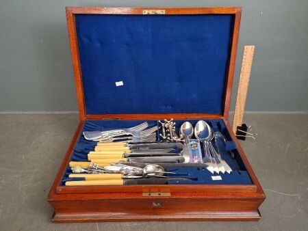 Inlayed Cutlery Box with Bone Handled & Marked Silverware