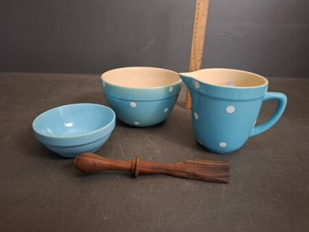 3 Diana Ware Australia Pottery items with hand whittled butter churn spoon