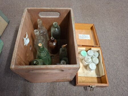 Misc lot inc bottles, vintage Ponds milk glass jars