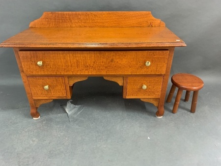 Beautiful Vintage Child's Silky Oak 3 Drawer Kneehole Desk + Round Stool