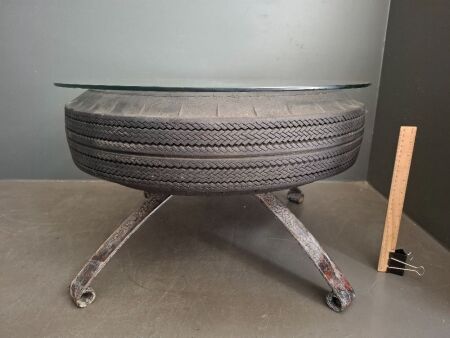 Custom Made Rotating Tyre Coffee Table with Holden Hub, Glass Top and Cast Iron Legs