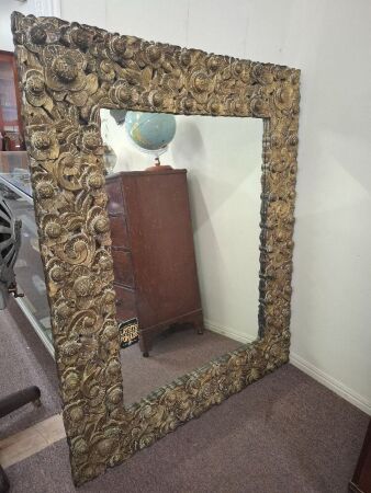 Large Vintage Hollywood Regency-Style Mirror - Embossed Ornate Style Wooden Frame with Gold Finish