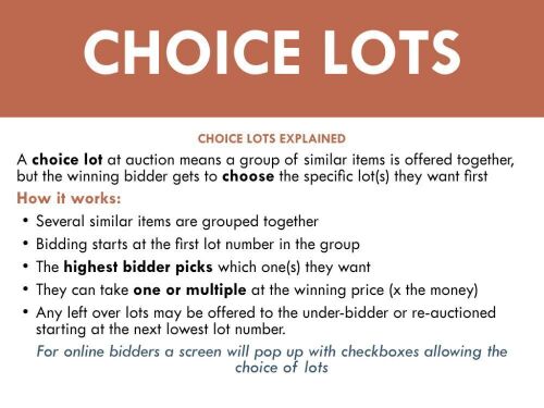 CHOICE LOTS EXPLAINED - A choice lot at auction means a group of similar items is offered together, but the winning bidder gets to choose the specific lot(s) they want first - How it works: 1. Several similar items are grouped together - 2. Bidding starts
