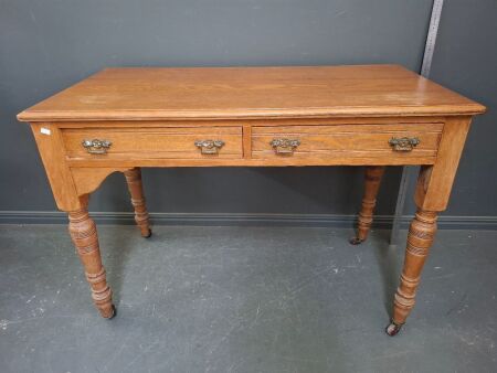 Wooden Console Table on Casters with 2 Draws and Possibly Silky Oak with Brass Handles