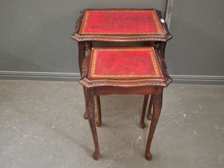 Victorian Style Mahogany Nesting Tables with Cabriole Legs & Red Tooled Leather top
