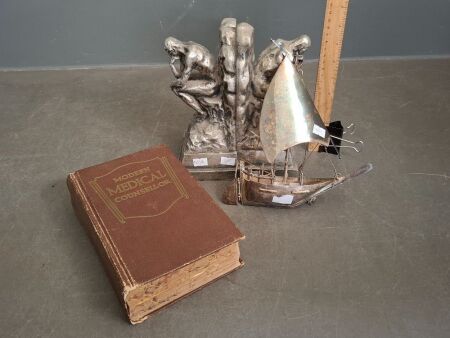 Mixed Vintage Decorator Lot - Inc Book Ends Signed by Artist, Modern Medical Counsellor Book & Silver Look Sail Boat Figure