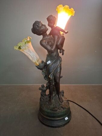 Large Bronze Look Lady with Child Light Sculpture