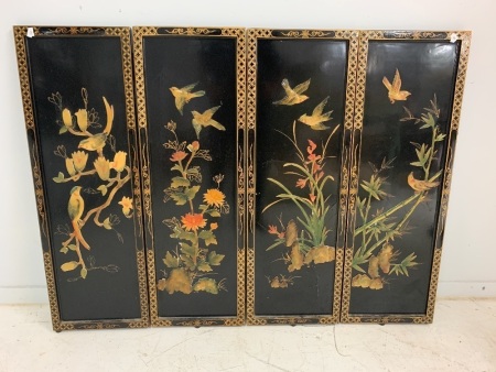 Vintage 4 Piece Black Japanned Screen with Carved Birds in Relief