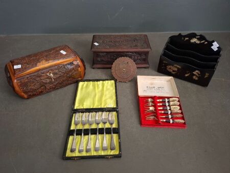 Assorted Vintage Lot inc. Jewellery Boxes, Letter Holder, Vintage Copper Calendar