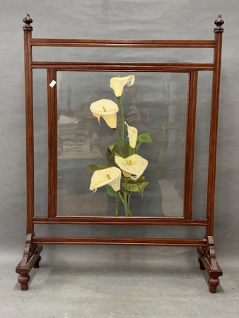 Victorian Timber Framed Fire Screen with Hand Painted Arum Lillies on Glass Panel