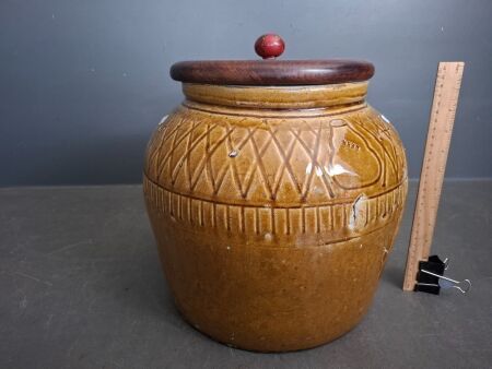 Vintage Glazed Stoneware Pickle Jar with Wooden Lid
