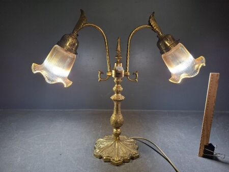 Vintage Art Nouveau Brass & Metal Table Lamp w. Ribbed Glass Shades