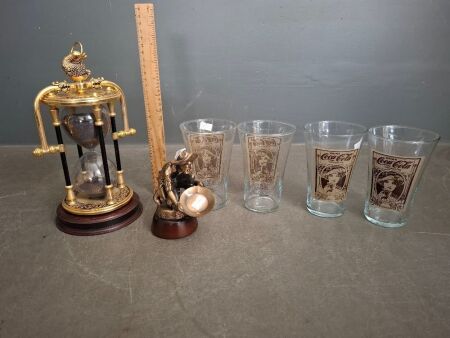 Mixed Collectors Lot - Incs 4 Coca Cola Glasses, Made in Canada - Maritime Hour Glass & Bronze Figure