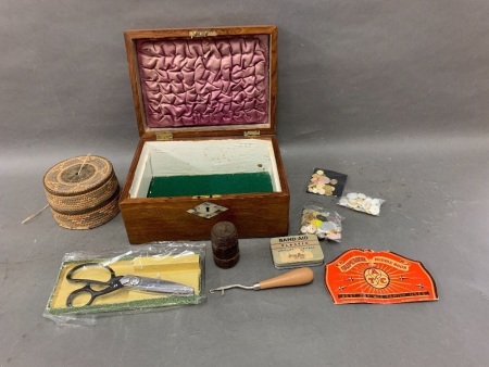 Antique Oak Lined Sewing Box with Mother of Pearl Inlay & Contentss inc. Pinking Shears, Needle Case Etc