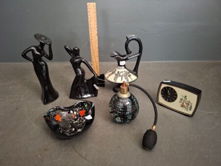 Black Decorator Lot inc. Murano Glass Perfume Bottle, Hand Painted Ewer & Retro Wind Up Clock