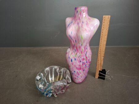 Murano Style Female Torso Vase with Murano Pink & Blue Ash Tray