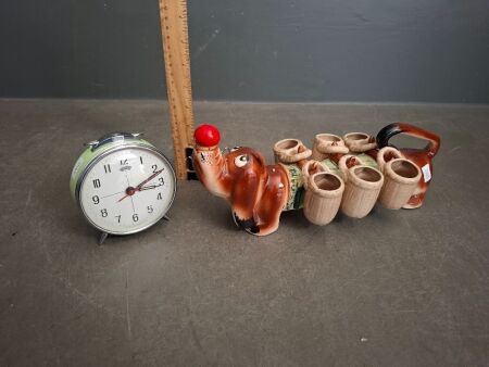 Vintage Ceramic Liquor Decanter Japan with Mid Century Wind Up Clock