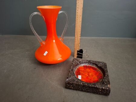 Retro Orange Glass Vase w. Glazed Stoneware Ash Tray