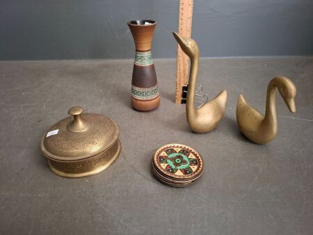 Brass Ducks, Etched Brass Trinket Box, West German Vase & Brass Enamel Decorated Plates