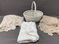 Wicker Basket Lot of Linen, Lace Etc