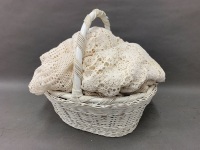 Wicker Basket Lot of Linen, Lace Etc - 3