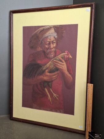 Man with Cockerel Pastel Artwork signed bottom left