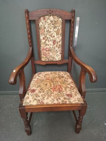 Vintage Carved Armchair with Floral Tapestry Upholstery