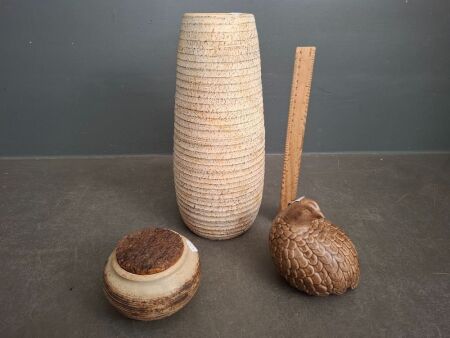 3 Pottery Items - Incs Vase, Jar & Bird, Signed by Artist