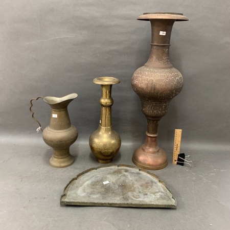 2 Large Incised Indian Brass Vases + Jug & Chinese Incised Tray