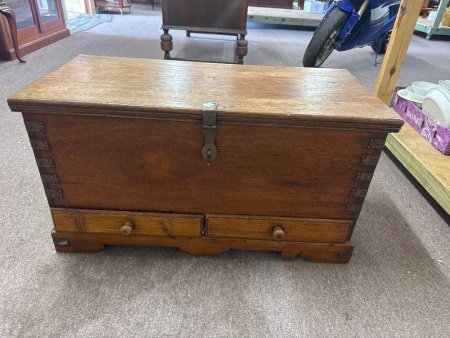 Vintage Wooden Travel Trunk with Brass Accents & 2 Drawers
