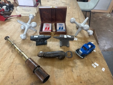 Mixed Cast Iron Decorator Lot - Incs 2 Packs of Cards in Wood Box & Brass Monocular Telescope