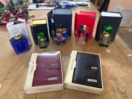 Mixed Lot of Empty Glass Perfume Bottles and Figurines - Incs 2 Boxed Wallets