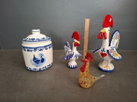 2 Ceramic & 1 Glass Rooster Figurines + Rooster Scene Cookie Jar