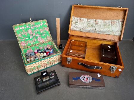 Vintage Sewing Box, Singer 150 Anniversary Tin, Ink Well & Jewellery Boxes