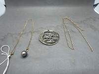 1 Tahitian Black Pearl Gold Necklace, Stamped Italy 375 - 1 9ct Gold Necklace for Restoration - 1 Mid Century Princess and Emperor Scene Pendant